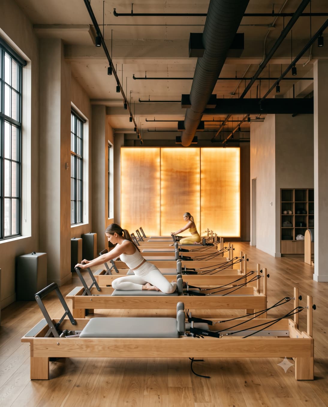 Sesja pilatesu reformer w studiu Lume, naturalne światło, cicha przestrzeń